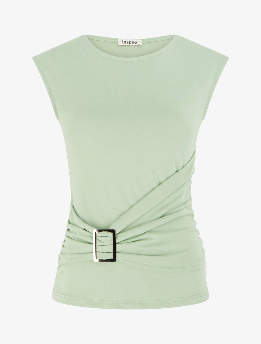 Top uni à col rond et empiècement bijou - Vert d&