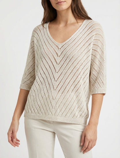 Leichter Strickpullover mit V-Ausschnitt - Beige