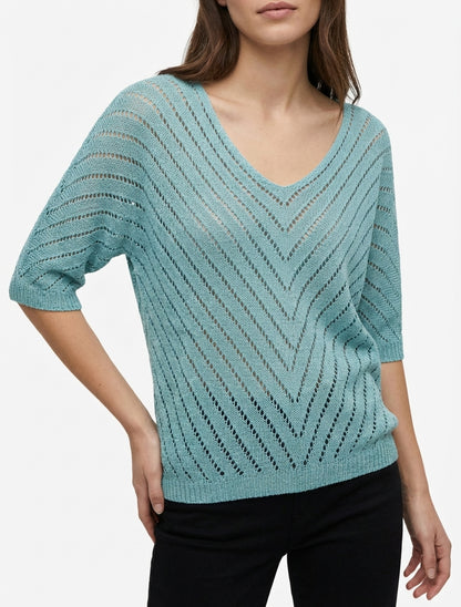 Leichter Strickpullover mit V-Ausschnitt - Türkis