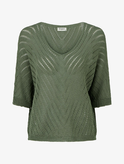 Pull en maille légère à col V - Kaki - 1