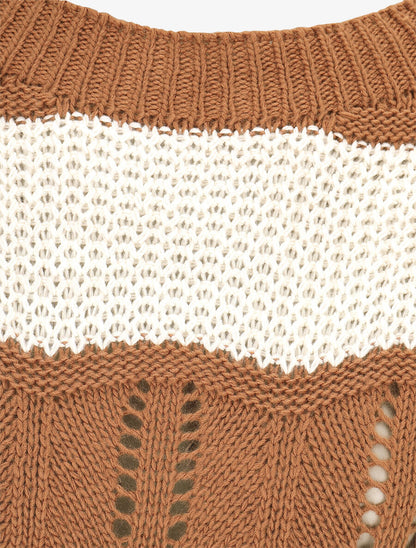 Pull en maille ajourée à rayures stylisées - Camel - 3
