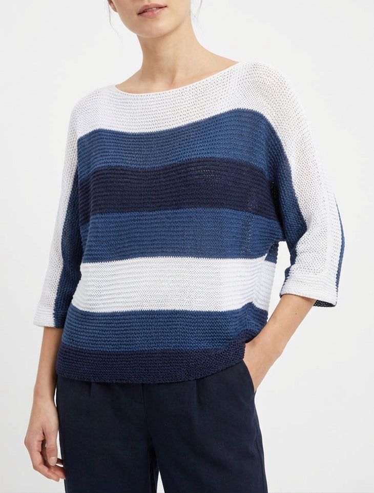 Weit geschnittener gestreifter Pullover mit 3/4-Ärmeln - Marine