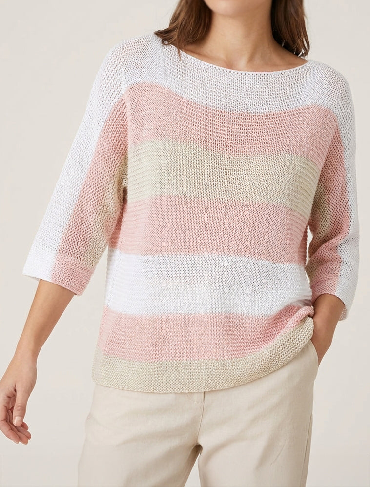Weit geschnittener gestreifter Pullover mit 3/4-Ärmeln - Rose