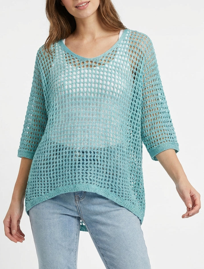 Einfarbiger Lochstrickpullover mit kurzen Ärmeln - Türkis