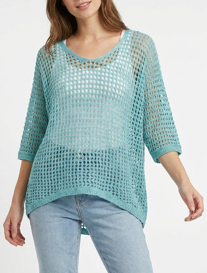 Einfarbiger Lochstrickpullover mit kurzen Ärmeln - Türkis