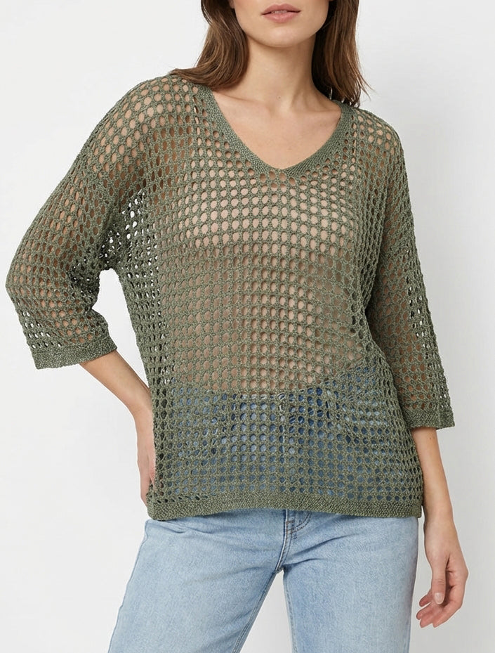 Einfarbiger Lochstrickpullover mit kurzen Ärmeln - Kaki