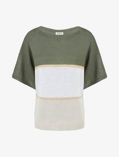 Pull rayé fin à manches courtes - Kaki - 1