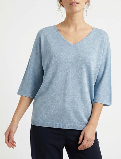 Irisierter dünner Pullover mit 3/4-Ärmeln - Himmelblau