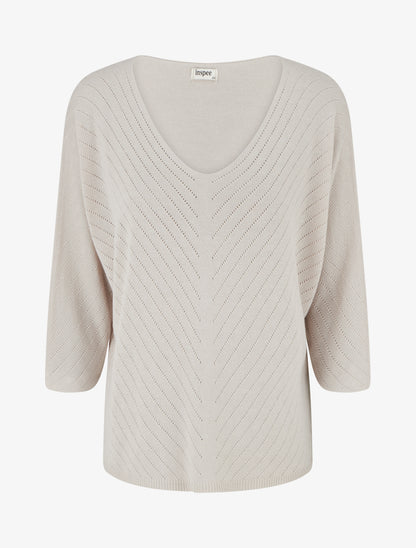 Pull fin uni à lignes ajourées - Beige - 1