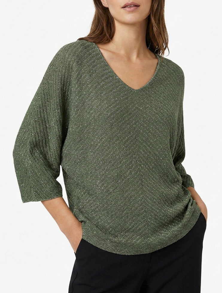 Irisierter dünner Pullover mit 3/4-Ärmeln - Kaki