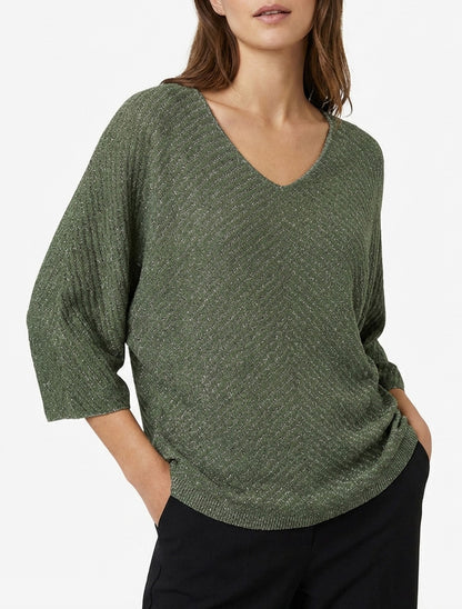 Irisierter dünner Pullover mit 3/4-Ärmeln - Kaki