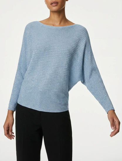 Feiner irisierter Pullover mit Fledermausärmeln. - Himmelblau