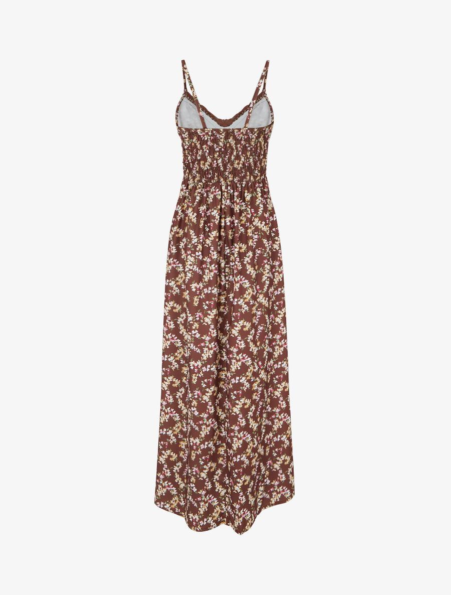 Robe longue fleurie à dos élastiqué - Marron - 2
