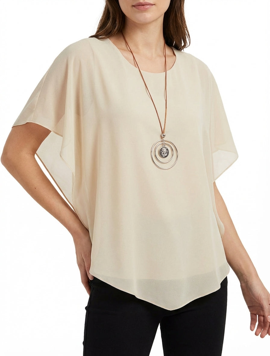 Fließendes Oberteil aus Voile, rechts oben. - Beige