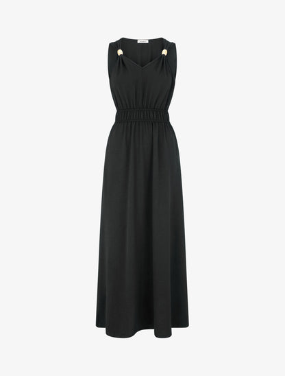 Robe unie à empiècement perles en bois - Noir - 1