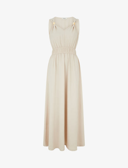 Robe unie à empiècement perles en bois - Beige - 1