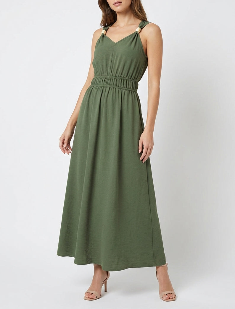 Einfarbiges Kleid mit Holzkugelbesatz - Kaki