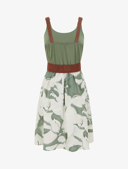 Robe mi-longue à bretelles en simili - Kaki - 2