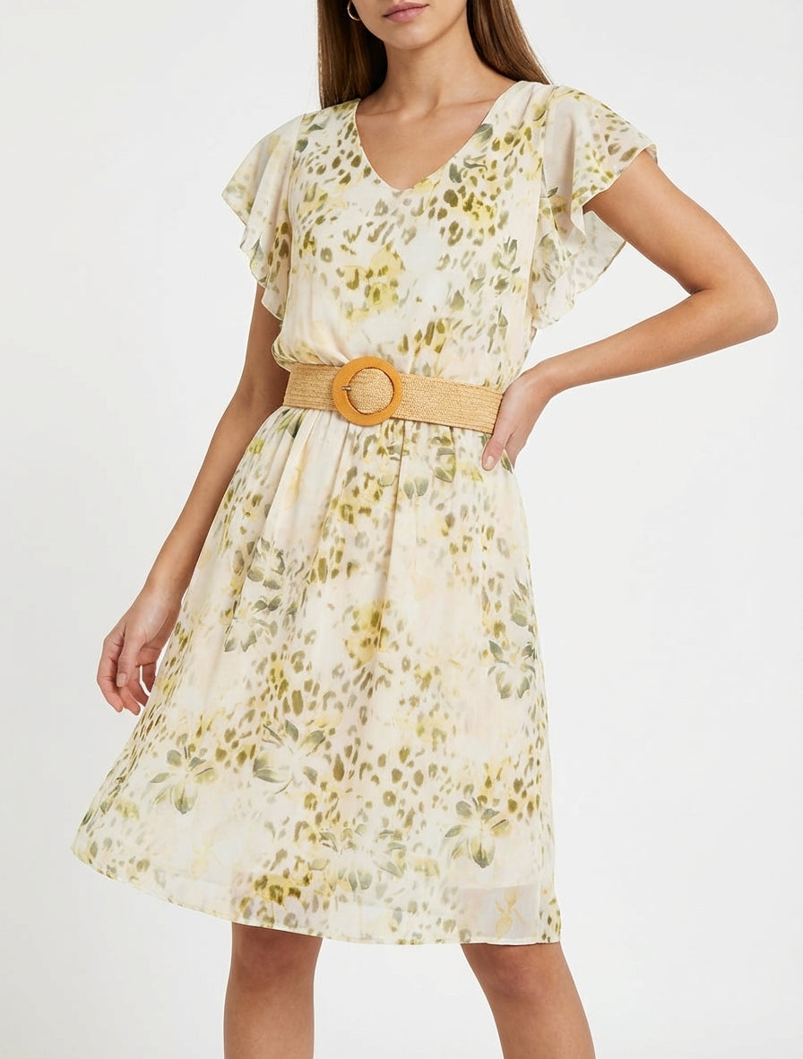 Kleid mit Flügelärmeln im Leoparden- und Blumenmuster. - Kaki