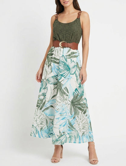 Langes Kleid mit tropischem Print und Kunstträgern - Kaki
