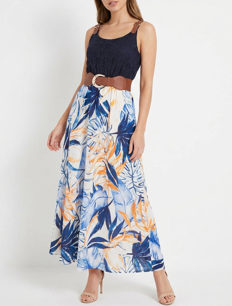 Langes Kleid mit tropischem Print und Kunstträgern - Marine