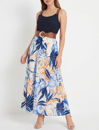 Langes Kleid mit tropischem Print und Kunstträgern - Marine