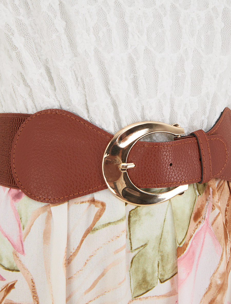 Robe longue à imprimé tropical et bretelles simili - Beige - 3