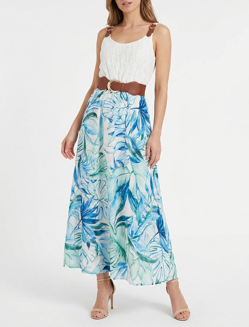 Langes Kleid mit tropischem Print und Kunstträgern - Blau