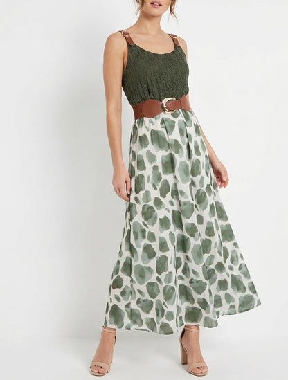 Langes Kleid mit Giraffenmuster und Trägern in Lederoptik. - Kaki