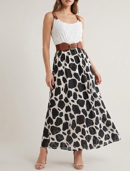 Langes Kleid mit Giraffenmuster und Trägern in Lederoptik. - Schwarz