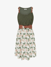 Robe mi-longue imprimé ginkgo et bretelles simili - Kaki - 1