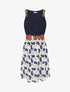 Robe mi-longue imprimé ginkgo et bretelles simili - Marine - 1