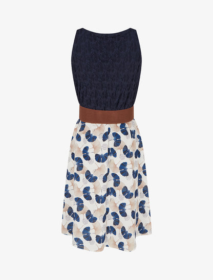 Robe mi-longue imprimé ginkgo et bretelles simili - Marine - 2