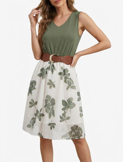 Ausgestelltes Kleid mit Blumenmuster - Kaki