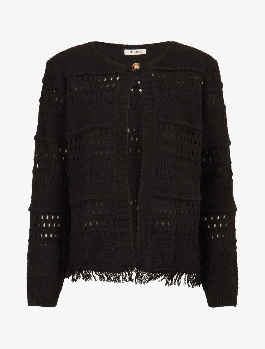 Gilet en maille ajourée à 1 bouton - Noir - 1