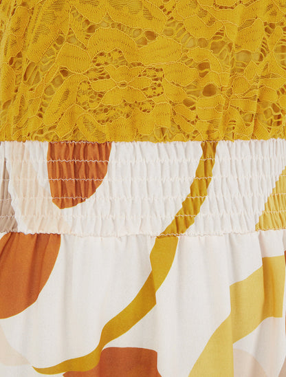 Robe imprimé abstrait à bretelles en crochet - Jaune moutarde - 3