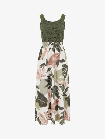 Robe imprimé fantaisie à bretelles en crochet - Kaki - 1