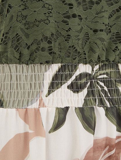 Robe imprimé fantaisie à bretelles en crochet - Kaki - 3