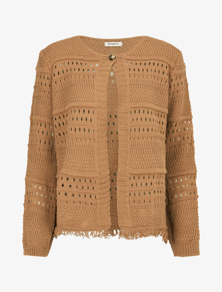Gilet en maille ajourée à 1 bouton - Camel - 1