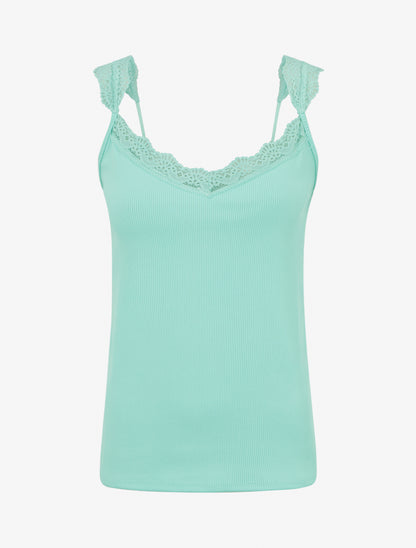 Débardeur côtelé à bretelles en dentelle - Vert d&