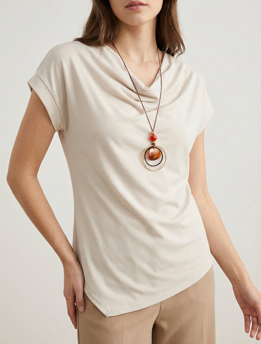 Kurzarm-Top mit Wasserfallausschnitt - Hellbeige
