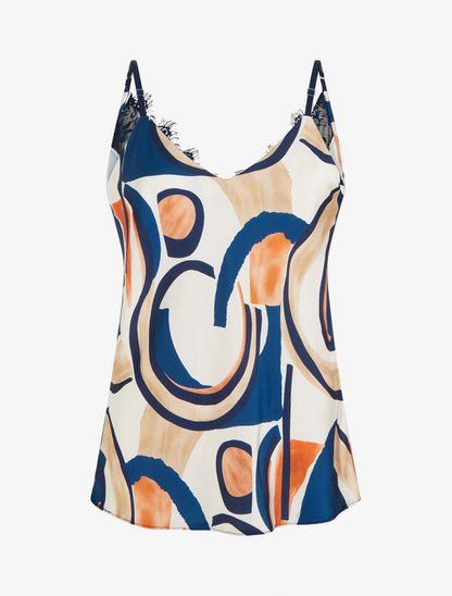 Caraco imprimé abstrait à dentelle au dos - Marine - 1
