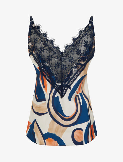 Abstrakt bedrucktes Caraco mit Spitze am Rücken. - Marine