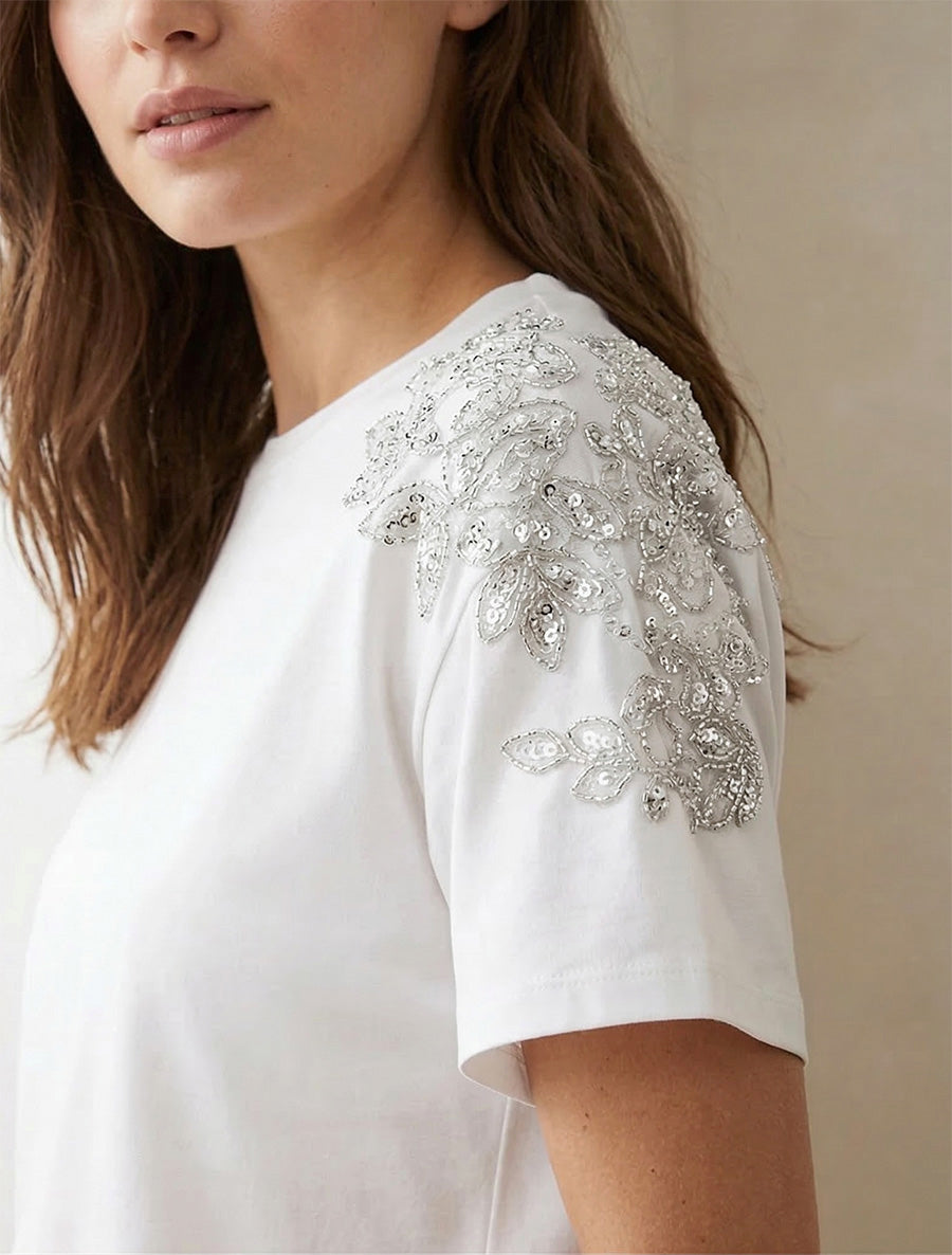 Kurzarm-T-Shirt mit Strass-Schultern - Weiß