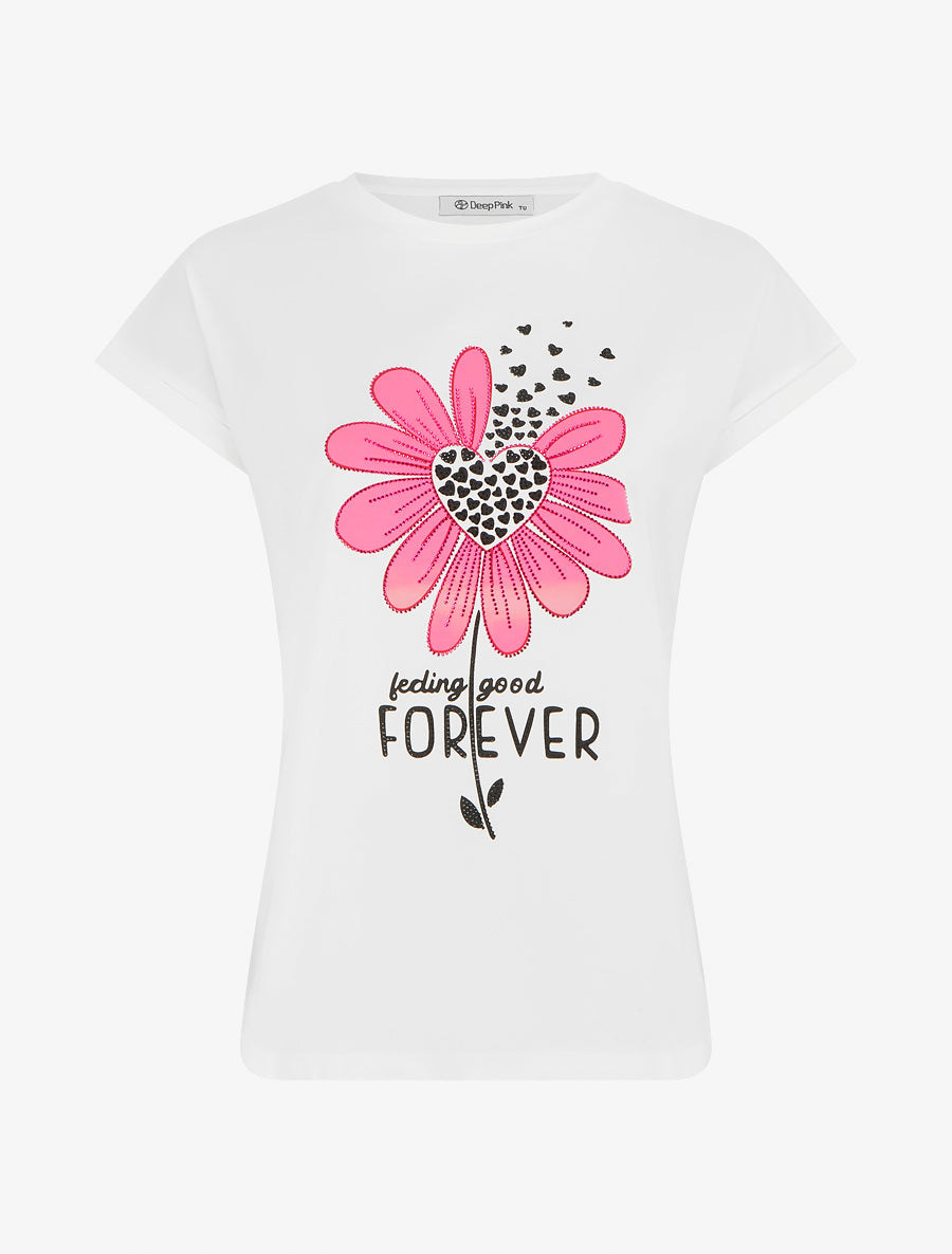 T-Shirt mit Strass und Blumenflock. - Weiß