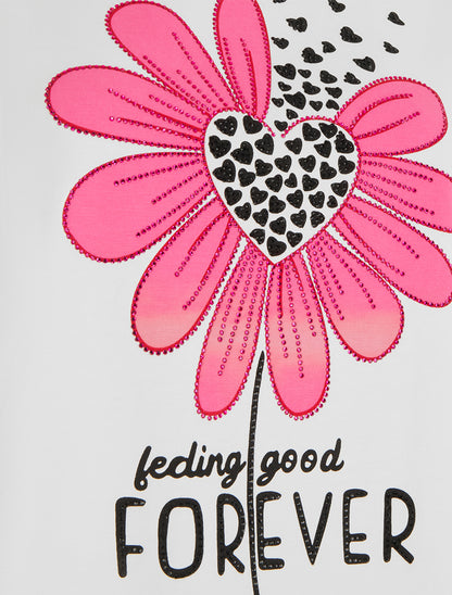 T-shirt à strass et flocage fleur - Blanc - 3