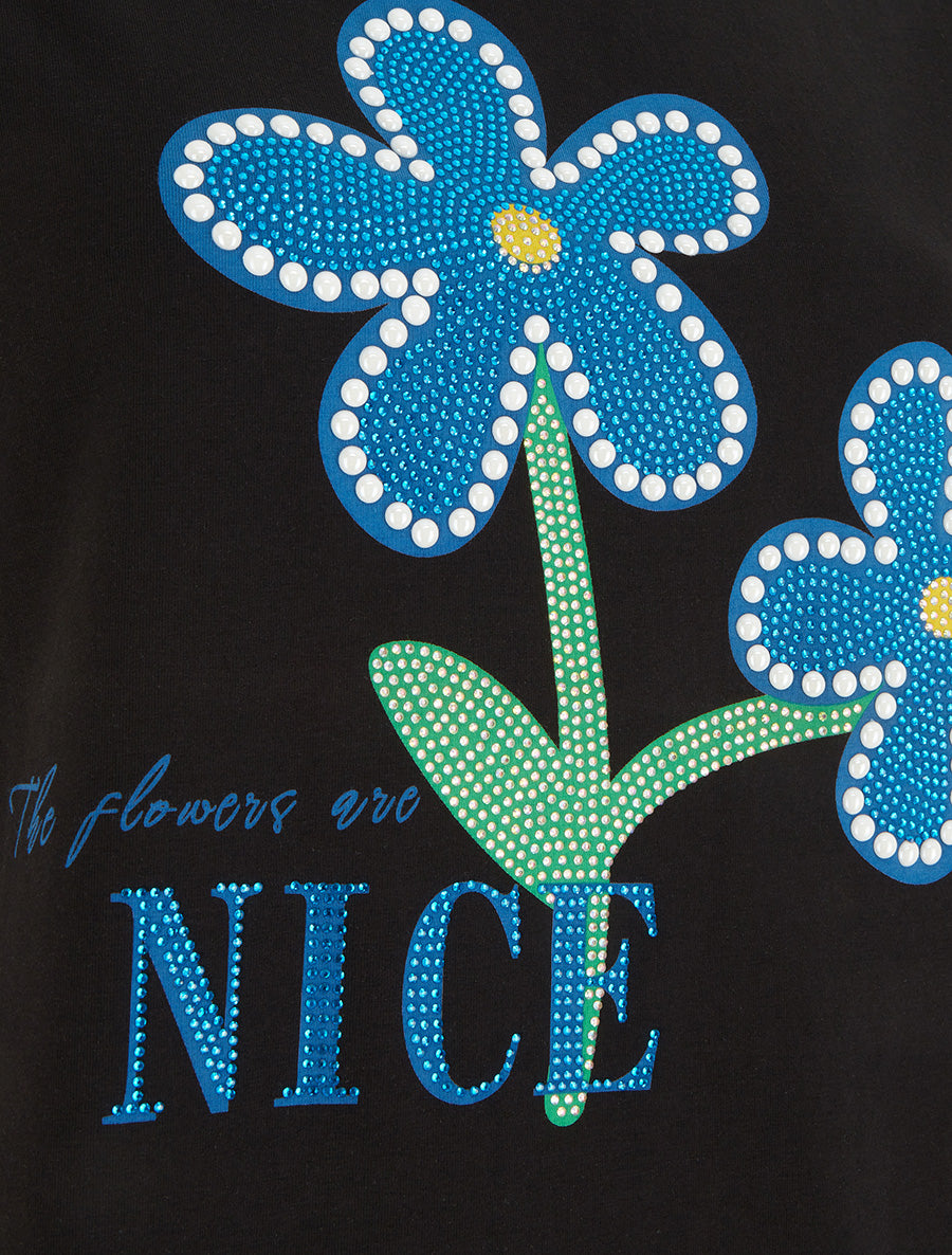 T-shirt à strass et fleurs - Noir - 3