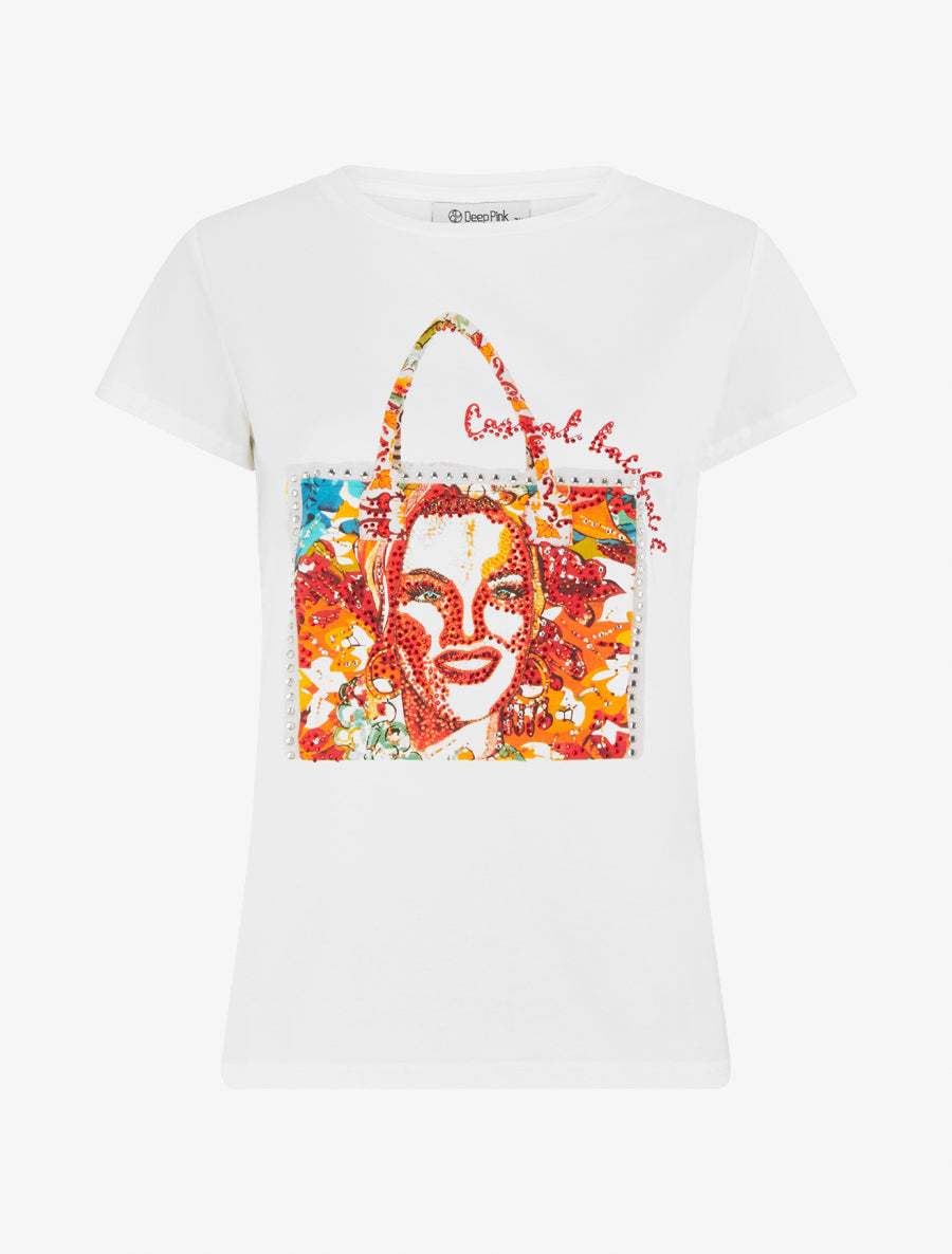 T-shirt à strass et motif sac - Blanc - 1