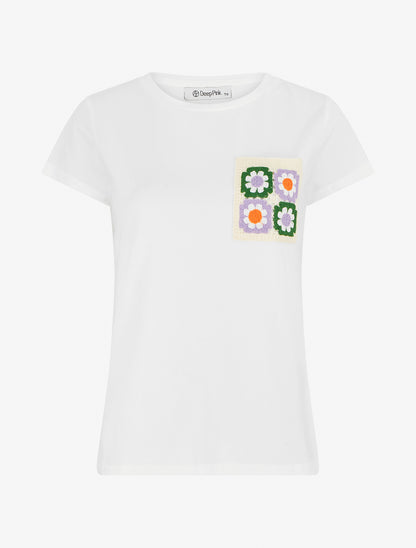 T-shirt à poche plaquée à motif floral - Blanc - 1