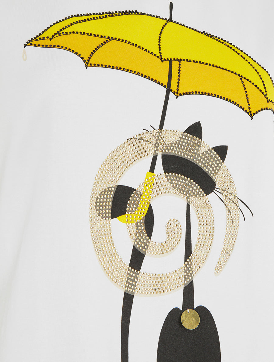 T-shirt à motif chat et parapluie strassé - Blanc - 3